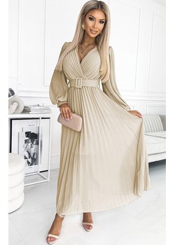 Plisowana sukienka z paskiem beżowa 414-8 Klara, Kolor beżowy, Rozmiar one size, NUMOCO BASIC ze sklepu Intymna w kategorii Sukienki - zdjęcie 184140906