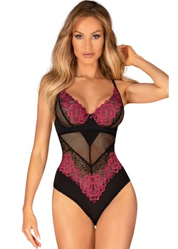 Obsessive body z różowym haftem Rosenty, Kolor czarno-różowy, Rozmiar XS/S, Obsessive ze sklepu Intymna w kategorii Body damskie - zdjęcie 184142609