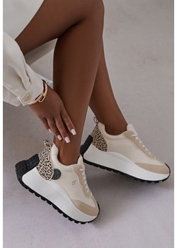 Beżowe Sneakersy Vices na Platformie Ozdobione Naszywką i Panterką Selothiel ze sklepu renee.pl w kategorii Buty sportowe damskie - zdjęcie 184157605