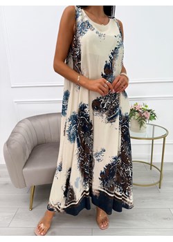 Beżowa Sukienka Maxi w Granatowo-Brązowy Wzór ze sklepu ModnaKiecka.pl w kategorii Sukienki - zdjęcie 184159925