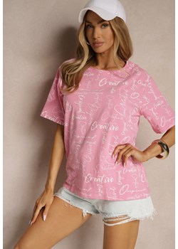 Różowy Bawełniany T-shirt o Kroju Oversize z Ozdobnym Nadrukiem Aveneli ze sklepu renee.pl w kategorii Bluzki damskie - zdjęcie 184184328