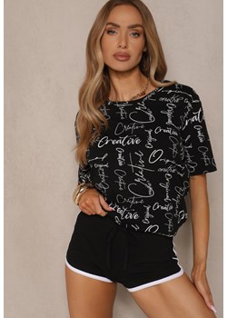 Czarny Bawełniany T-shirt o Kroju Oversize z Ozdobnym Nadrukiem Aveneli ze sklepu renee.pl w kategorii Bluzki damskie - zdjęcie 184184338