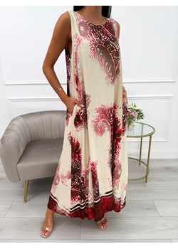 Beżowa Sukienka Maxi w Czerwono-Brązowy Wzór ze sklepu ModnaKiecka.pl w kategorii Sukienki - zdjęcie 184184748