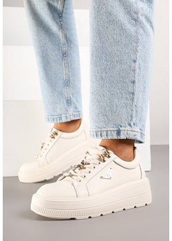 Beżowe Sneakersy na Grubej Podeszwie ze Skóry Naturalnej z Trójkątną Ozdobą Dollassea ze sklepu born2be.pl w kategorii Buty sportowe damskie - zdjęcie 184185806