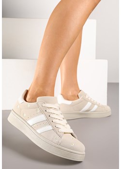 Beżowe Sneakersy Ozdobione Haftowanymi Kwiatami i Paskami Malirelle ze sklepu renee.pl w kategorii Buty sportowe damskie - zdjęcie 184188279