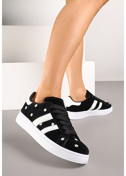 Czarne Sneakersy z Ozdobnymi Paskami i Haftowanymi Kwiatami Malunea ze sklepu born2be.pl w kategorii Buty sportowe damskie - zdjęcie 184191075