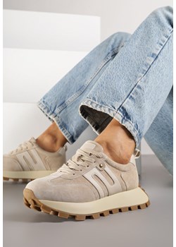 Beżowe Skórzane Sneakersy z Geometrycznym Motywem Melussea ze sklepu born2be.pl w kategorii Buty sportowe damskie - zdjęcie 184235918