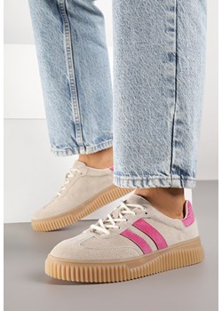 Beżowo-Fuksjowe Sneakersy Typu Tenisówki ze Skórzaną Wkładką Ozdobione Paskami Melissele ze sklepu born2be.pl w kategorii Buty sportowe damskie - zdjęcie 184235936
