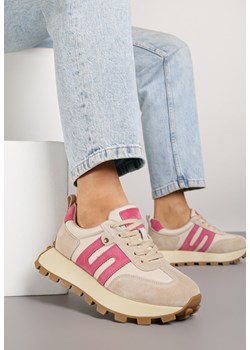 Beżowo-Fuksjowe Sneakersy ze Skóry Naturalnej Ozdobione Geometrycznym Wzorem Melassea ze sklepu renee.pl w kategorii Buty sportowe damskie - zdjęcie 184236059