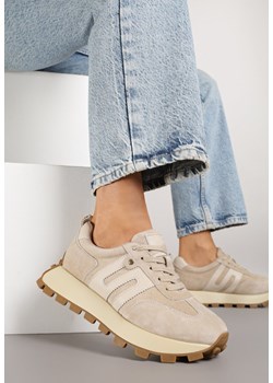 Beżowe Sneakersy ze Skóry Naturalnej Ozdobione Geometrycznym Wzorem Melassea ze sklepu renee.pl w kategorii Buty sportowe damskie - zdjęcie 184236065