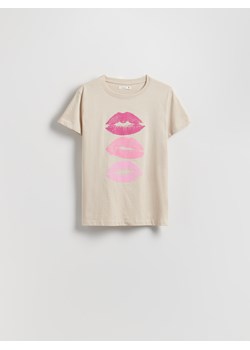 Reserved - Bawełniany t-shirt z nadrukiem - beżowy ze sklepu Reserved w kategorii Bluzki damskie - zdjęcie 184241646