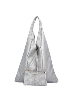 Włoska Torebka Skórzana Shopper Bag z Małą Kosmetyczką 5820S Srebrna ze sklepu PaniTorbalska w kategorii Torby Shopper bag - zdjęcie 184294276