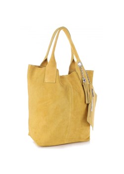 Włoska Torebka Skórzana  Shopper bag Zamsz Naturalny Żółta ze sklepu PaniTorbalska w kategorii Torby Shopper bag - zdjęcie 184544047