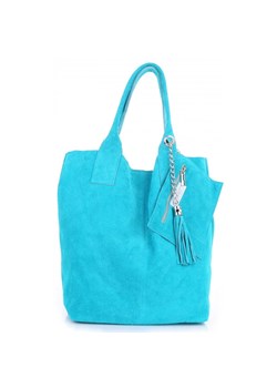 Włoska Torebka Skórzana  Shopper bag Zamsz Naturalny Turkusowa ze sklepu PaniTorbalska w kategorii Torby Shopper bag - zdjęcie 184544078