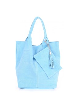 Włoska Torebka Skórzana  Shopper bag Zamsz Naturalny Błękitna ze sklepu PaniTorbalska w kategorii Torby Shopper bag - zdjęcie 184544096