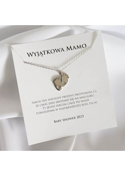 Prezent na dla przyszłej mamy srebrny naszyjnik z dedykacją wyjątkowa mamo dziecięce stópki ze sklepu otien.com w kategorii Naszyjniki - zdjęcie 184550496