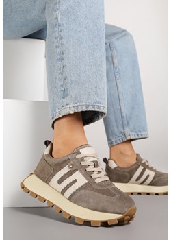 Ciemnobeżowe Skórzane Sneakersy z Geometrycznym Motywem Melussea ze sklepu born2be.pl w kategorii Buty sportowe damskie - zdjęcie 184560026