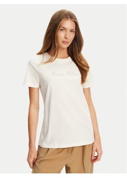 Tommy Hilfiger T-Shirt Script WW0WW47210 Écru Regular Fit ze sklepu MODIVO w kategorii Bluzki damskie - zdjęcie 184562188