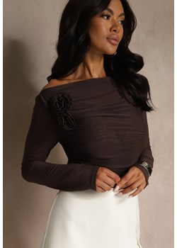 Brązowa Marszczona Bluzka z Siateczki Zdobiona Aplikacją w Kształcie Róży Olirisa ze sklepu renee.pl w kategorii Bluzki damskie - zdjęcie 184575089