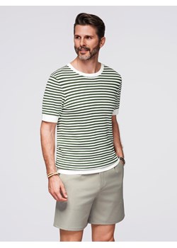 Męski dzianinowy t-shirt w marynarskie paski z ażurowym splotem – oliwkowo-biały V3 OM-TSCT-0255 ze sklepu ombre w kategorii T-shirty męskie - zdjęcie 184595947