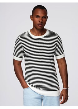 Dzianinowy t-shirt męski w marynarskie paski z ażurowym splotem – czarno-biały V1 OM-TSCT-0255 ze sklepu ombre w kategorii T-shirty męskie - zdjęcie 184595978