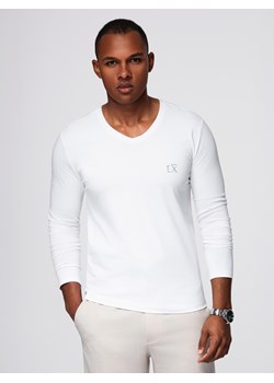 Męski longsleeve V-neck SLIM FIT z elastanem i printem – biały V2 OM-LSBC-0123 ze sklepu ombre w kategorii T-shirty męskie - zdjęcie 184597288