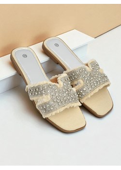 Letnie klapki damskie Thalassa Beżowe z ekoskóry z kryształkami Glamour ze sklepu royalfashion.pl w kategorii Klapki damskie - zdjęcie 184664048