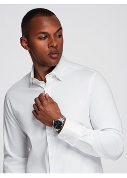Klasyczna męska koszula SLIM FIT z tkaniny satynowej – biała V1 OM-SHOS-0176 ze sklepu ombre w kategorii Koszule męskie - zdjęcie 184721236