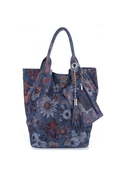 VITTORIA GOTTI Made in Italy Modna Torebka Skórzana w Kwiaty Multikolor - Ciemno Niebieska ze sklepu PaniTorbalska w kategorii Torby Shopper bag - zdjęcie 184733597