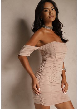 Beżowa Dopasowana Sukienka Typu Hiszpanka z Marszczeniem Halandrea - id: 582409-42-BEIGE - marki Renee - 184778836 Beżowa Dopasowana Sukienka Typu Hiszpanka z Marszczeniem Halandrea ze sklepu renee.pl w kategorii Sukienki - zdjęcie 184778836