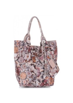 VITTORIA GOTTI Made in Italy Modna Torebka Skórzana w Kwiaty Multikolor - Pudrowy Róż ze sklepu PaniTorbalska w kategorii Torby Shopper bag - zdjęcie 184796705