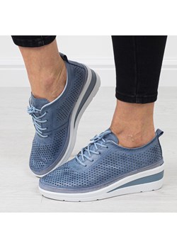 Niebieskie skórzane ażurowe półbuty damskie na koturnie T.Sokolski 150 ze sklepu suzana.pl w kategorii Półbuty damskie - zdjęcie 184831227