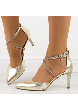 Złote skórzane Polskie szpilki damskie z cyrkoniami Prestige 2227 ze sklepu suzana.pl w kategorii Czółenka - zdjęcie 184832296