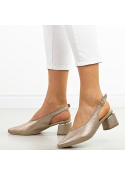 Złote skórzane Polskie czółenka damskie na obcasie bez pięty Deoni D14 ze sklepu suzana.pl w kategorii Czółenka - zdjęcie 184834187