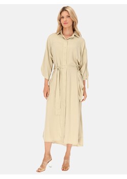 Beżowa sukienka koszulowa z bawełny z wiązaniem Eye For Fashion ze sklepu Eye For Fashion w kategorii Sukienki - zdjęcie 184842479