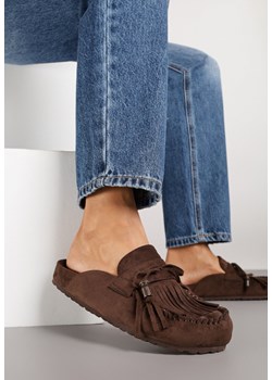 Ciemnobrązowe Klapki Ozdobione Kokardą i Frędzlami Felindrise - id: 9716-54-BROWN - marki Renee - 185019837 Ciemnobrązowe Klapki Ozdobione Kokardą i Frędzlami Felindrise ze sklepu renee.pl w kategorii Klapki damskie - zdjęcie 185019837