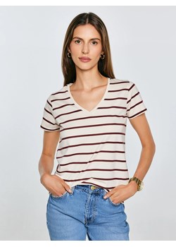 Koszulka damska z dekoltem v-neck w paski kremowa Retina 103 ze sklepu Big Star w kategorii Bluzki damskie - zdjęcie 185043995