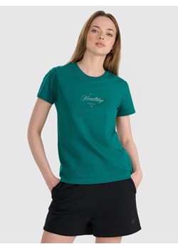 Damski t-shirt z nadrukiem 4F 4FRSS25TTSHF2780 - turkusowy ze sklepu Sportstylestory.com w kategorii Bluzki damskie - zdjęcie 185049765