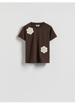 Reserved - T-shirt z szydełkowaną aplikacją - brązowy ze sklepu Reserved w kategorii Bluzki damskie - zdjęcie 185063675