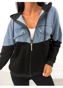 Czarna Bluza z Jeansową Wstawką i Kapturem ze sklepu ModnaKiecka.pl w kategorii Bluzy damskie - zdjęcie 185361459