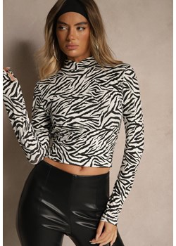 Czarno-Biała Bluzka z Bawełny Typu Longsleeve z Golfem w Zebrę Cralissa ze sklepu renee.pl w kategorii Bluzki damskie - zdjęcie 185377889