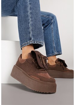 Brązowe Sneakersy Ozdobione Kokardą i Wywiniętym Językiem Ivalione - id: 9017-54-BROWN - marki Renee - 185420595 Brązowe Sneakersy Ozdobione Kokardą i Wywiniętym Językiem Ivalione ze sklepu renee.pl w kategorii Buty sportowe damskie - zdjęcie 185420595