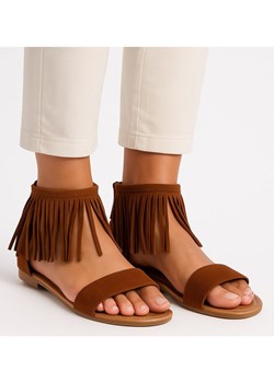 Brązowe płaskie sandały z frędzlami boho /G1-2 16320 T069/ ze sklepu Pantofelek24.pl w kategorii Sandały damskie - zdjęcie 185446667