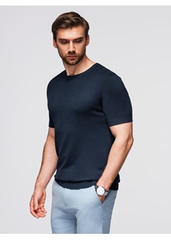Męska klasyczna dzianinowa koszulka ze ściągaczami– granatowa V1 OM-TSCT-0252 ze sklepu ombre w kategorii T-shirty męskie - zdjęcie 185491457