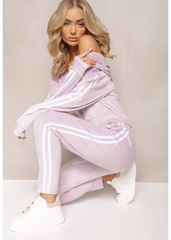 Jasnofioletowy 2-Częściowy Komplet Dresowy z Weluru z Ozdobnymi Lampasami Bluza i Spodnie Anelpe - id: 8217-72-L.VIOLET - marki Renee - 185536178 Jasnofioletowy 2-Częściowy Komplet Dresowy z Weluru z Ozdobnymi Lampasami Bluza i Spodnie Anelpe ze sklepu renee.pl w kategorii Dresy damskie - zdjęcie 185536178
