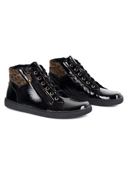 Damskie minimalistyczne buty skórzane zimowe barefoot 1293 czarny lakier z panterka ze sklepu butyolivier w kategorii Półbuty damskie - zdjęcie 185546707