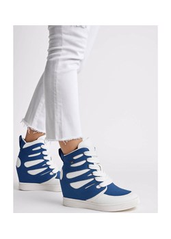 Sznurowane biało niebieskie trampki sneakersy koturnie /C4-3 18048 T284/ ze sklepu Pantofelek24.pl w kategorii Botki - zdjęcie 185554668