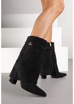 Czarne Botki z Imitacji Zamszu na Słupku z Wywiniętą Cholewką Eleave ze sklepu born2be.pl w kategorii Botki - zdjęcie 185578278