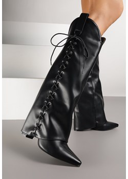Czarne Kozaki na Słupku Ozdobione Sznurowaniem i Wywiniętą Cholewką Latanessa - id: 7682A-38-BLACK - marki Renee - 185578407 Czarne Kozaki na Słupku Ozdobione Sznurowaniem i Wywiniętą Cholewką Latanessa ze sklepu renee.pl w kategorii Kozaki damskie - zdjęcie 185578407