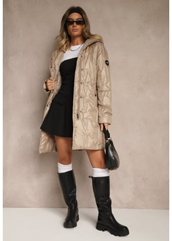 Ciemnobeżowa Pikowana Kurtka z Kapturem i Wiązanym Paskiem Elladie ze sklepu renee.pl w kategorii Kurtki damskie - zdjęcie 185580958